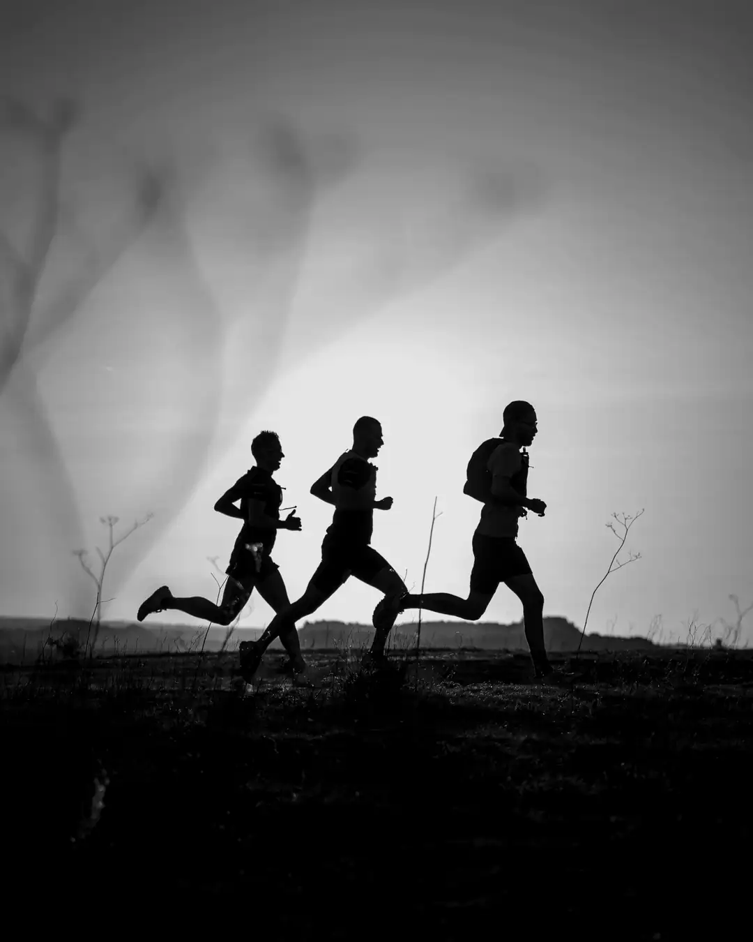Trois coureurs au coucher du soleil